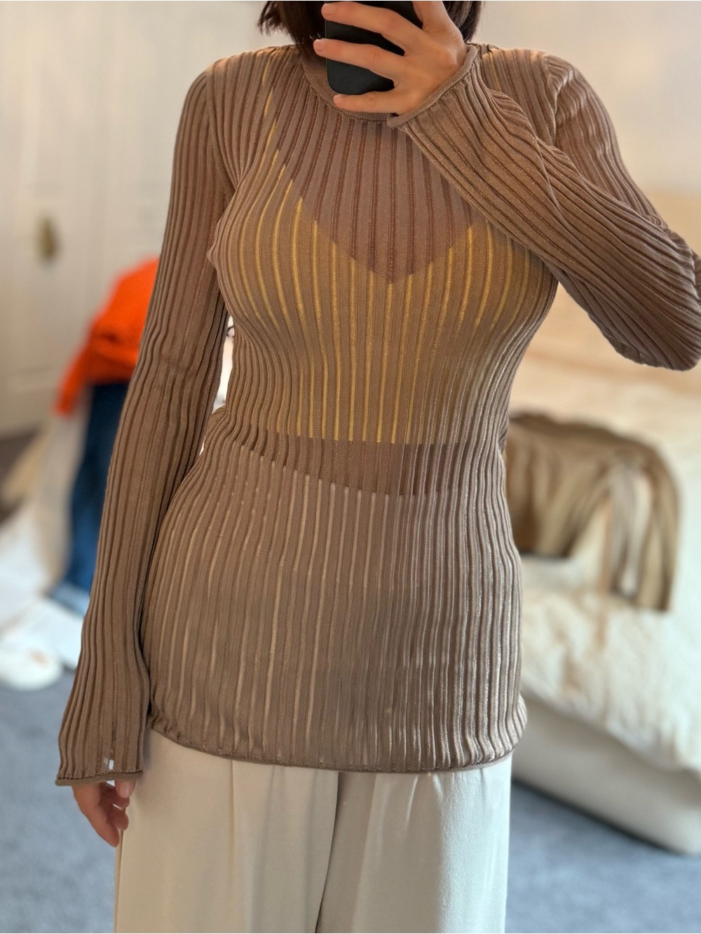 H&M Sheer Ribbed Crew Neck Top - Taupe
